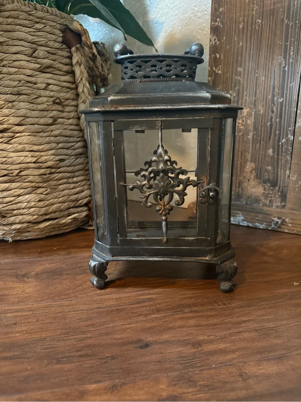 Vintage-Style Metal Candle Lantern in Aged Black - Decorative Home Accent 11”